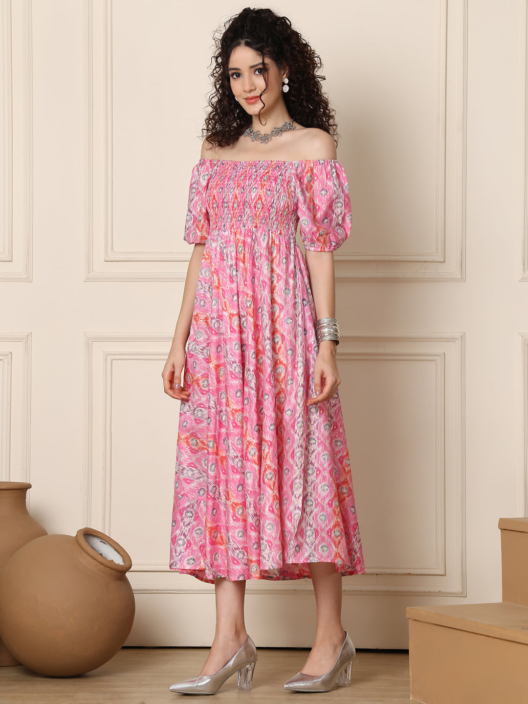 Aawari Chanderi Unique Printed Off Shoulder Dress