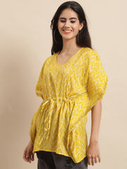 Chanderi Yellow Geometric Printed Kaftan Top With Bell Sleeve 