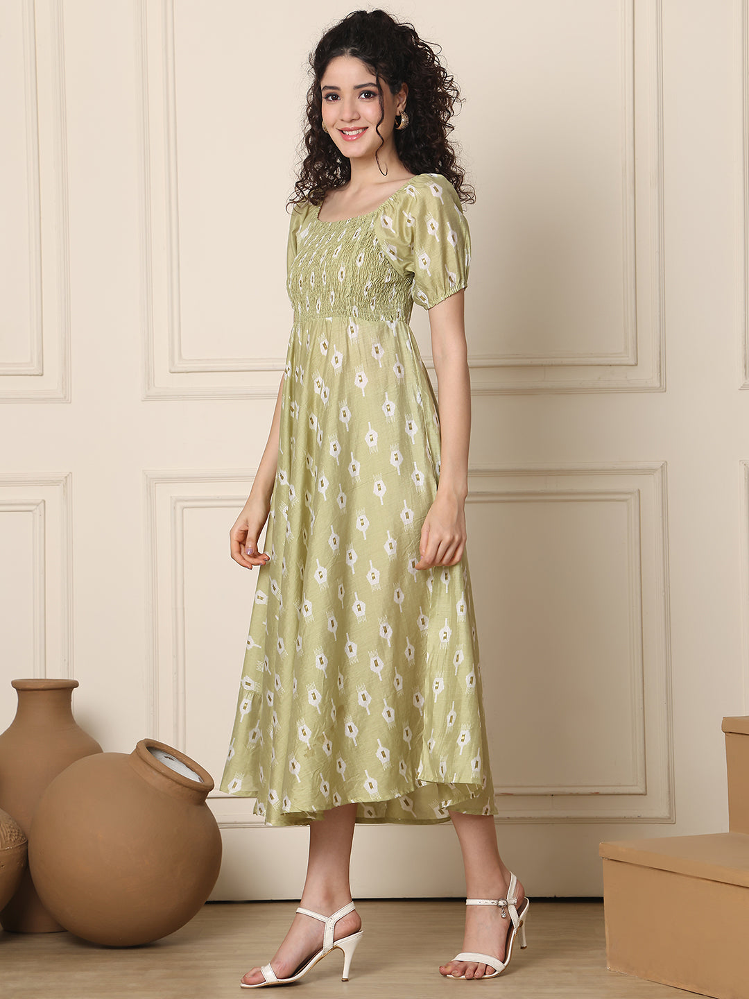 Aawari Chanderi Unique Printed Off Shoulder Dress