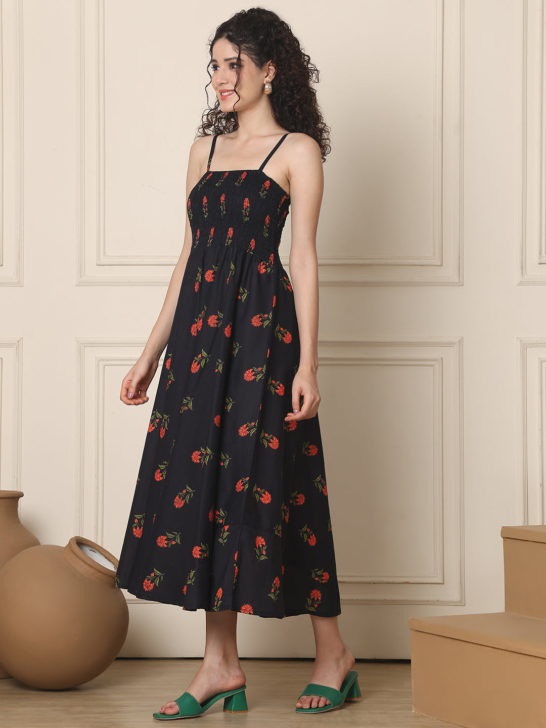 Aawari Cotton Unique Printed Spaghetti Strap Dress - Western Wear
