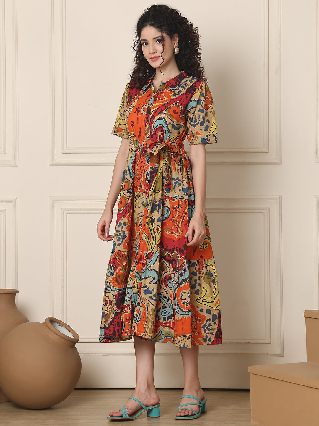 Aawari Cotton Printed Shirt Collar Dress