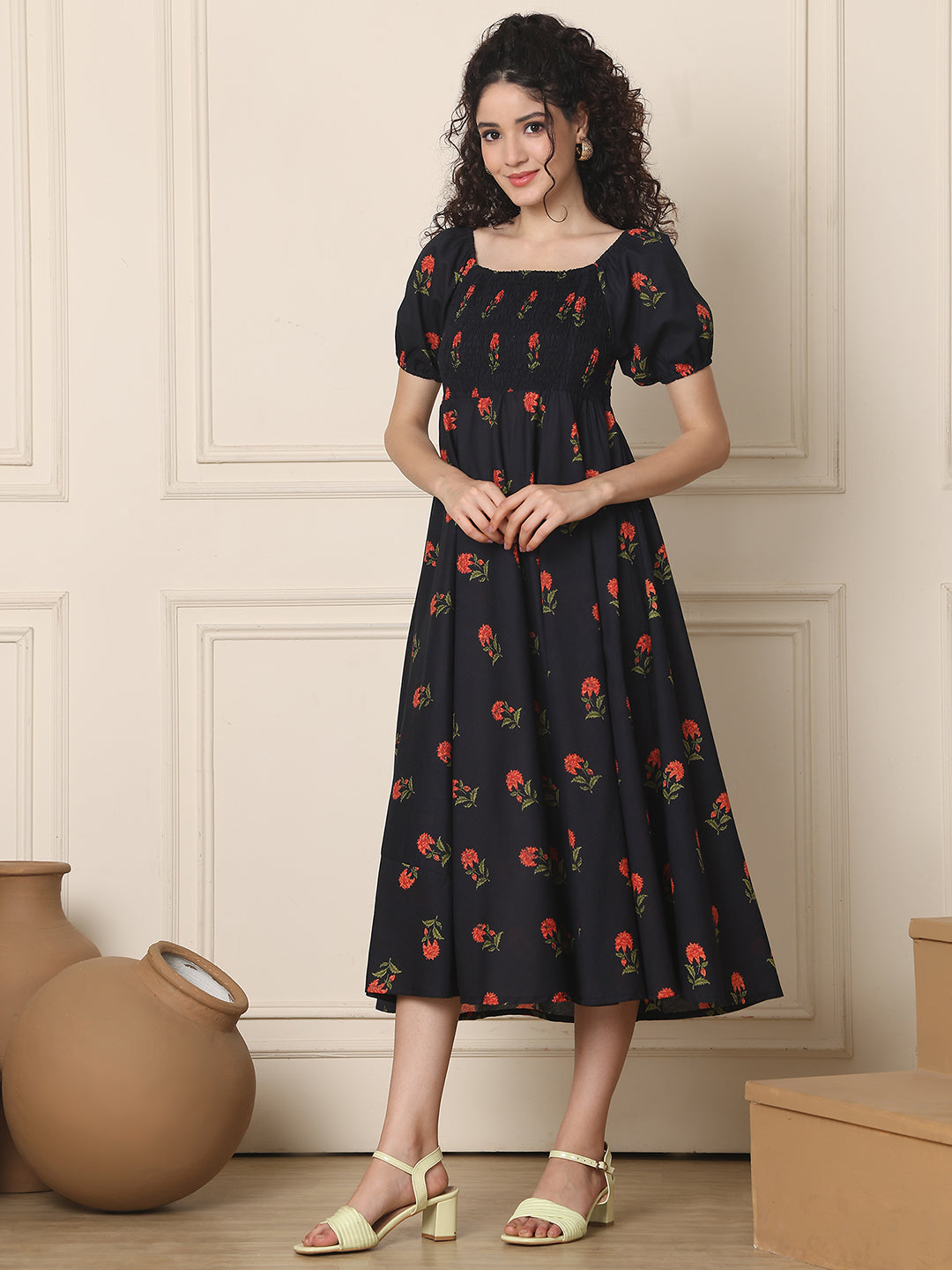 Aawari Unique Cotton Printed Off Shoulder Dress