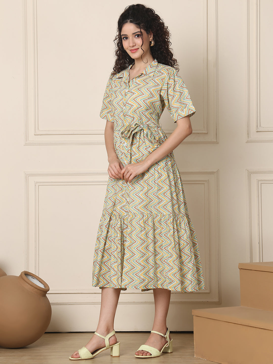 Aawari Pastel ZigZag Print Cotton Shirt Dresses With Waist Tie-Up