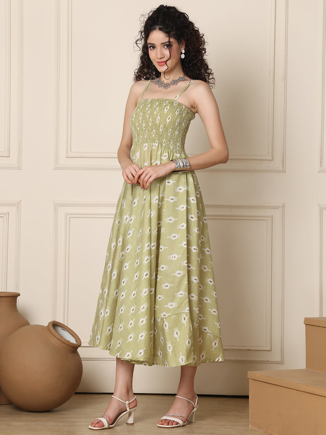 Aawari Silk Unique Printed Spaghetti Strap Dress - Western wear
