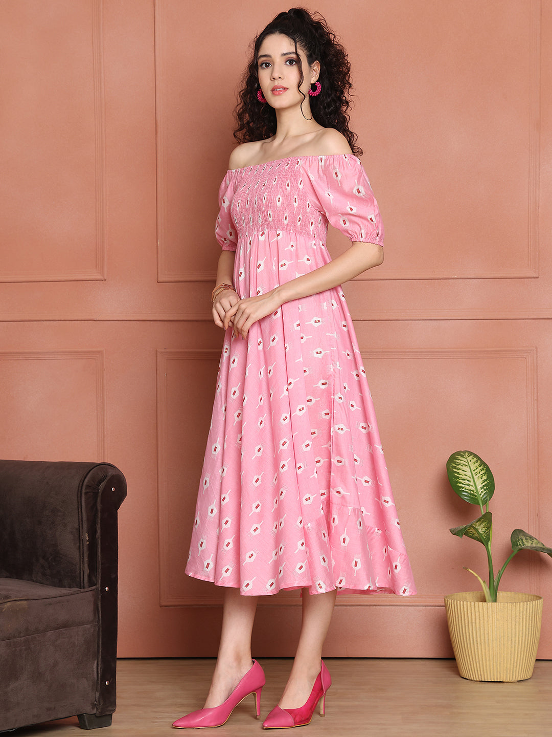 Aawari Chanderi Unique Printed Off Shoulder Dress