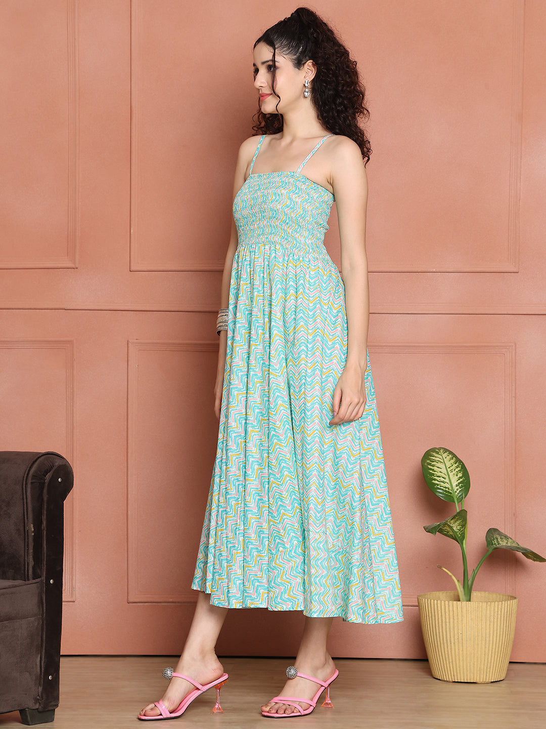 Aawari Cotton Unique Printed Spaghetti Strap Dress - Western wear