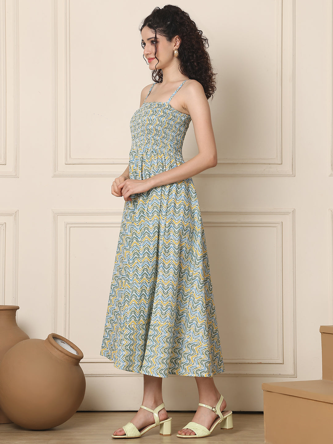 Aawari Cotton Unique Printed Spaghetti Strap Dress - Western Wear
