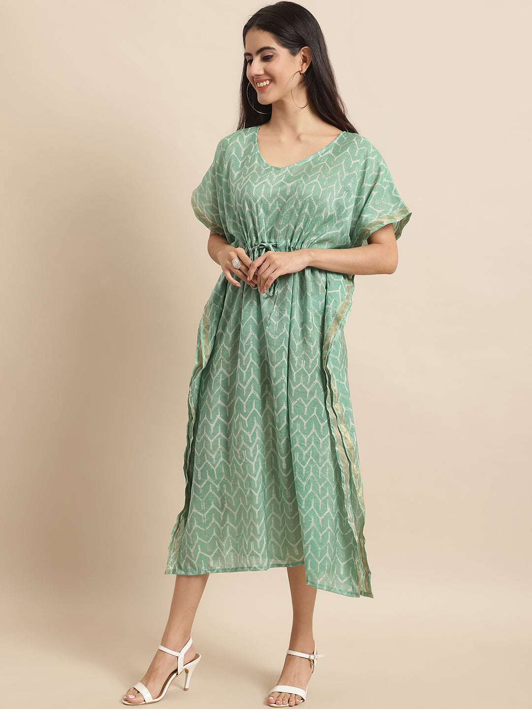 Chanderi Green Geometric Printed Tie-Up Kaftan Gown