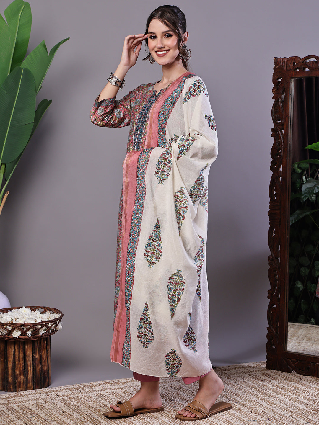 Aawari Rust Pink Chanderi Printed Kurta Set with Dupatta - Suit Sets