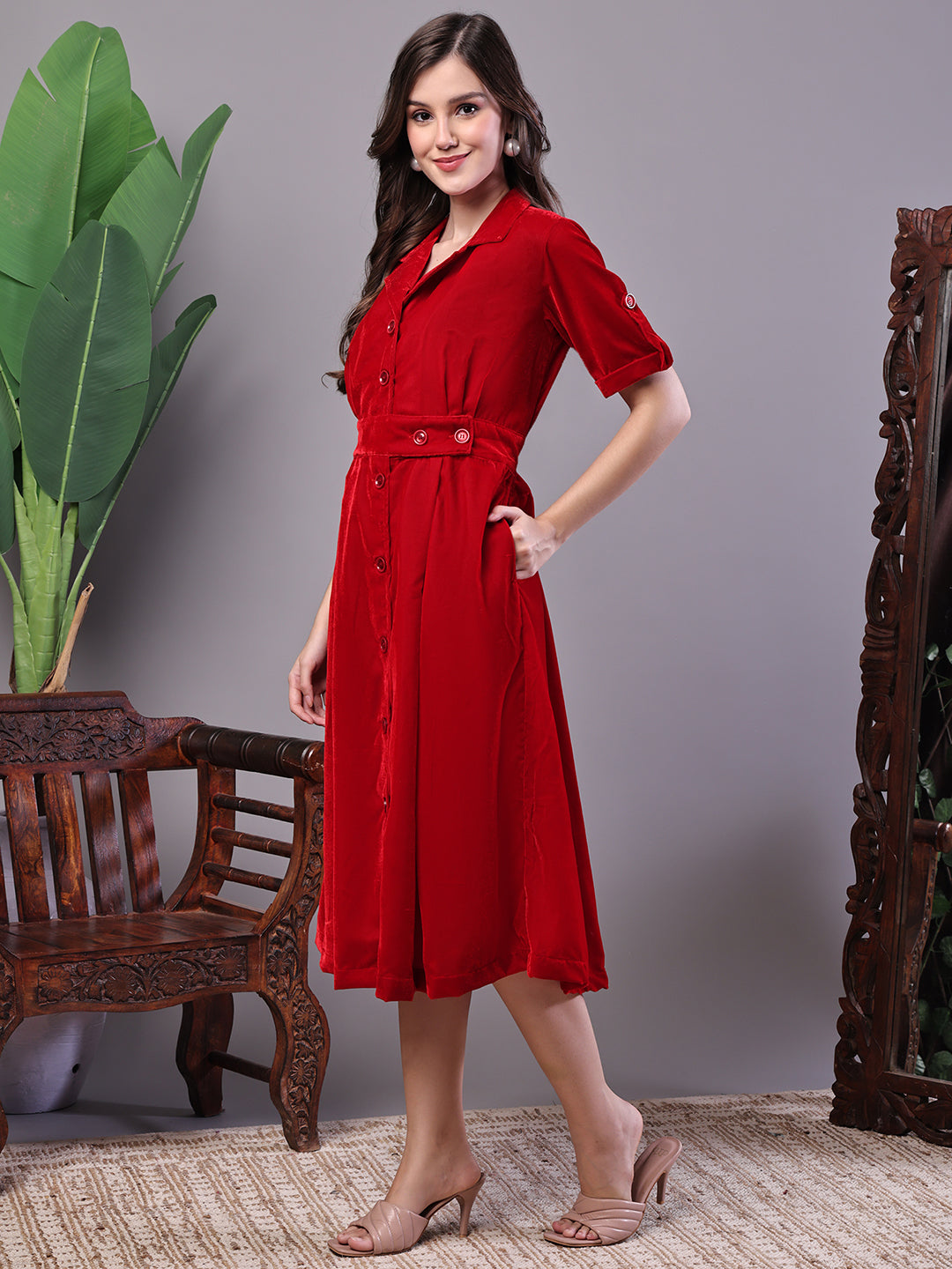 Aawari Red Velvet Shirt Style Midi Dress with Belt - Midi Dresses / Western Wear / Dresses