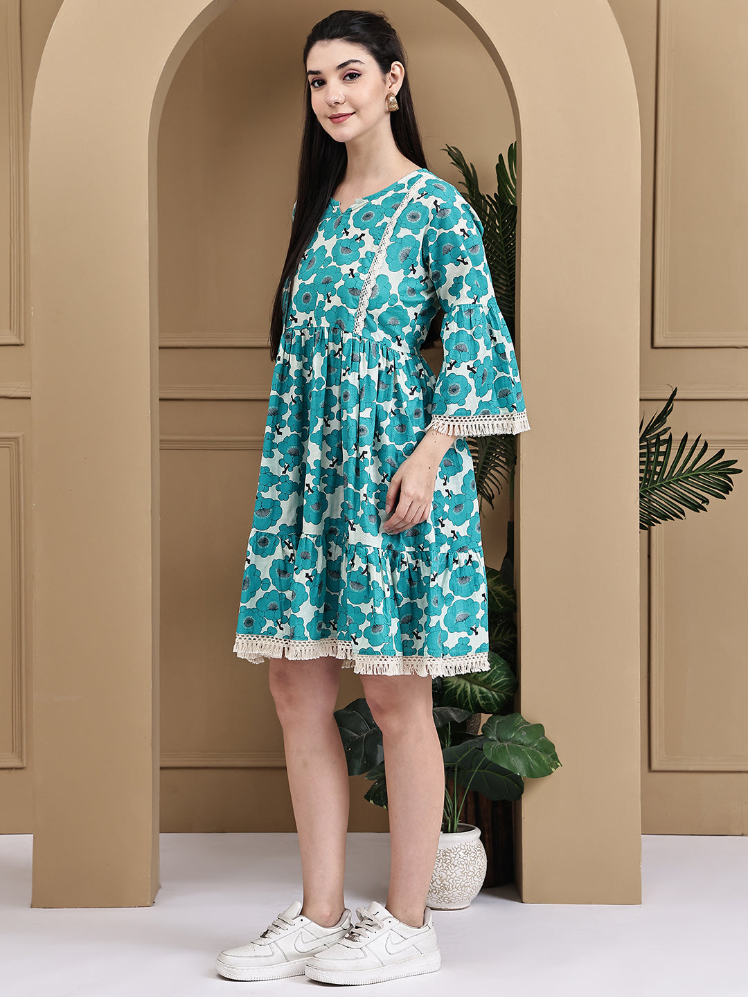 Aawari Cotton Printed Long Sleeve Dress - Midi Dress