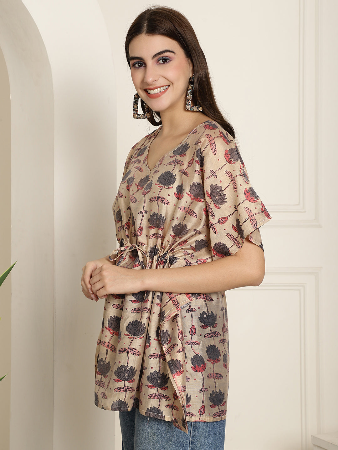 Chanderi Brown Flower Printed Kaftan Top With Bell Sleeve 