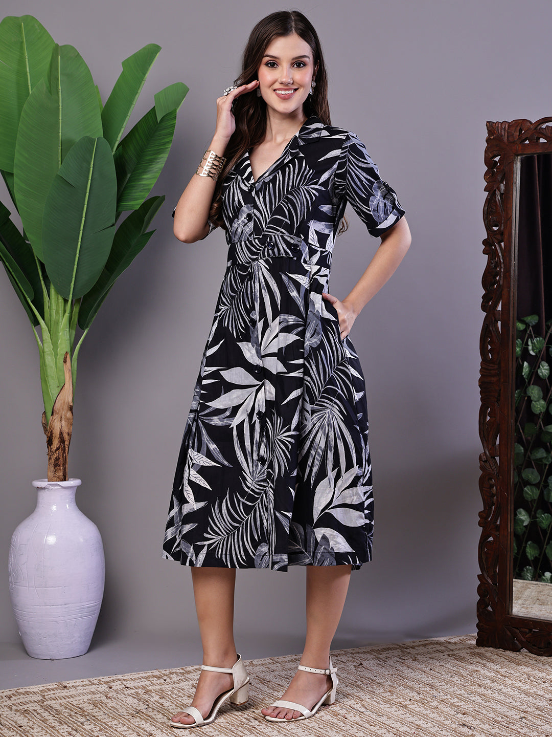 Aawari Tropical Palm Print Black & White Cotton Shirt Dress - Midi Dresses / Western Wear / Dresses