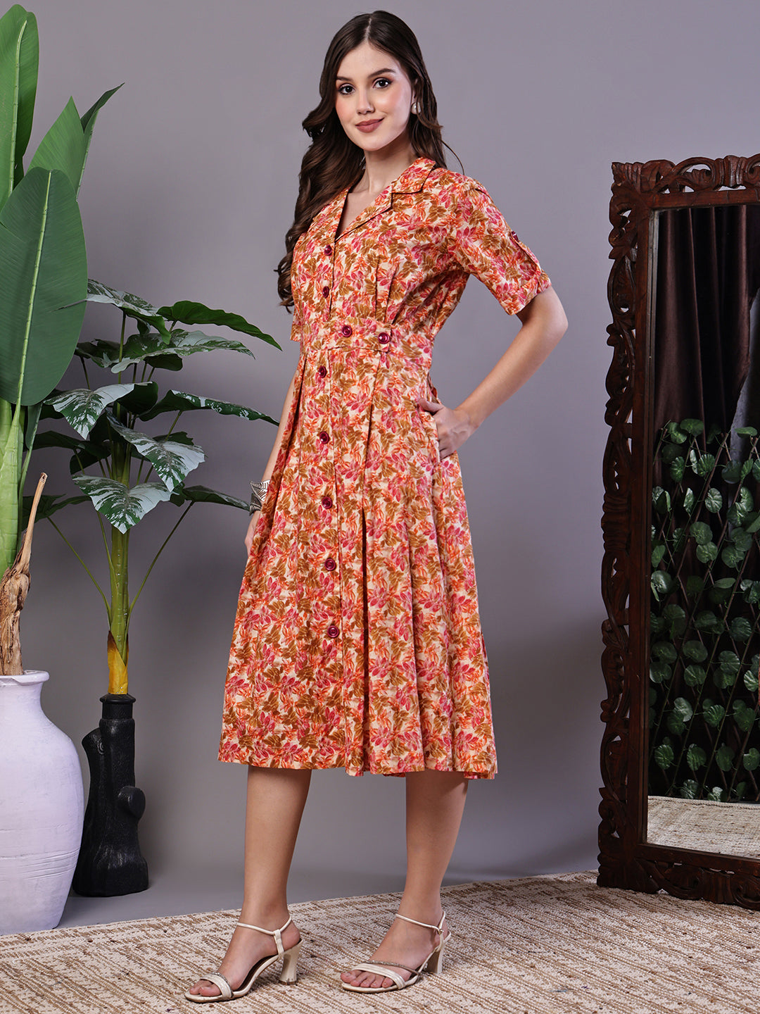 Aawari Floral Printed Cotton Button-Down Midi Dress for Women - Midi Dresses / Western Wear / Dresses