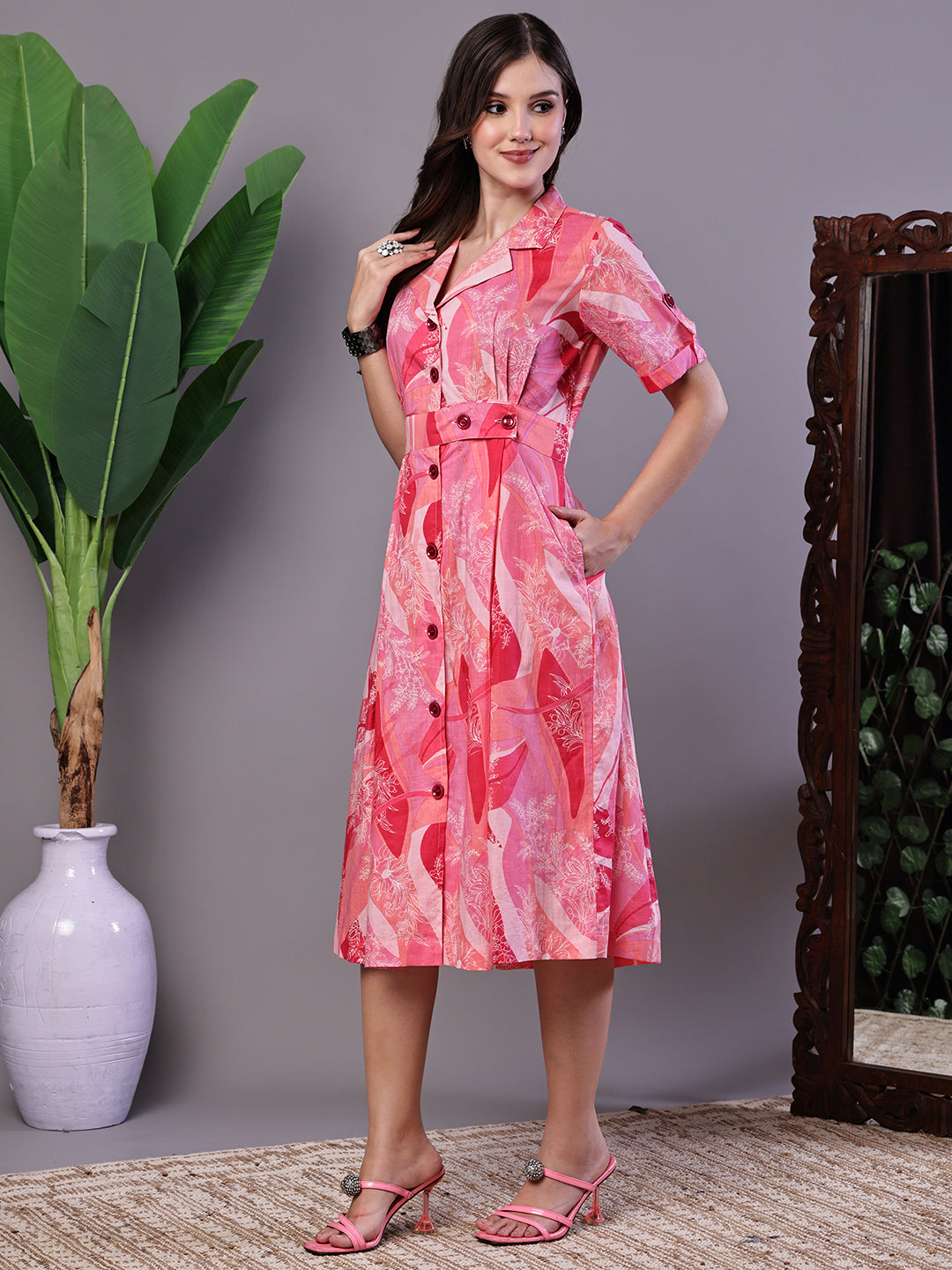 Aawari Pink Printed Cotton Midi Shirt Dress - Midi Dresses / Western Wear / Dresses