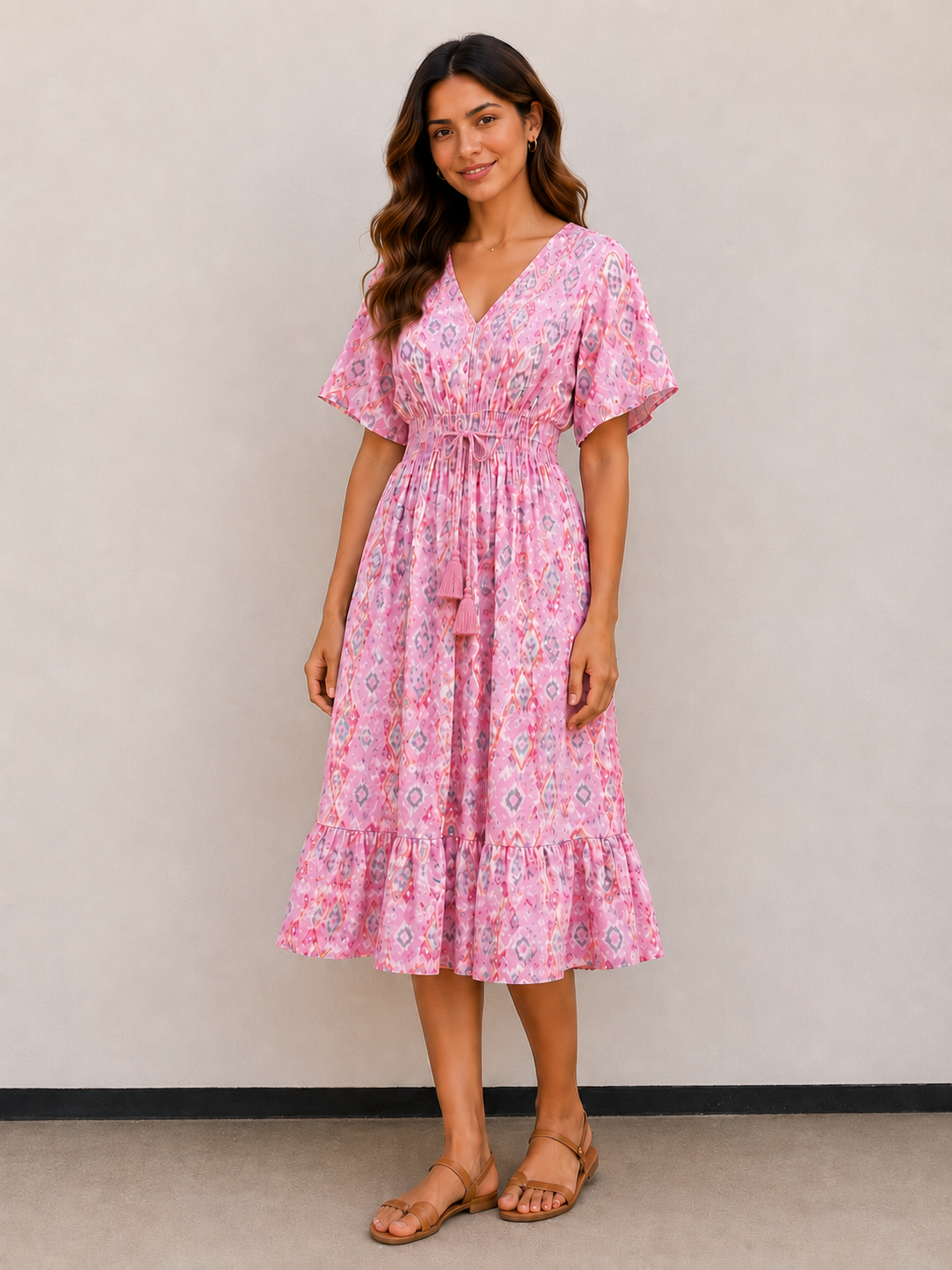 Women’s Pink Ethnic Printed Smocked Waist Tiered Flared Midi Dress