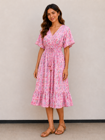 Women’s Pink Ethnic Printed Smocked Waist Tiered Flared Midi Dress