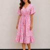 Women’s Pink Ethnic Printed Smocked Waist Tiered Flared Midi Dress