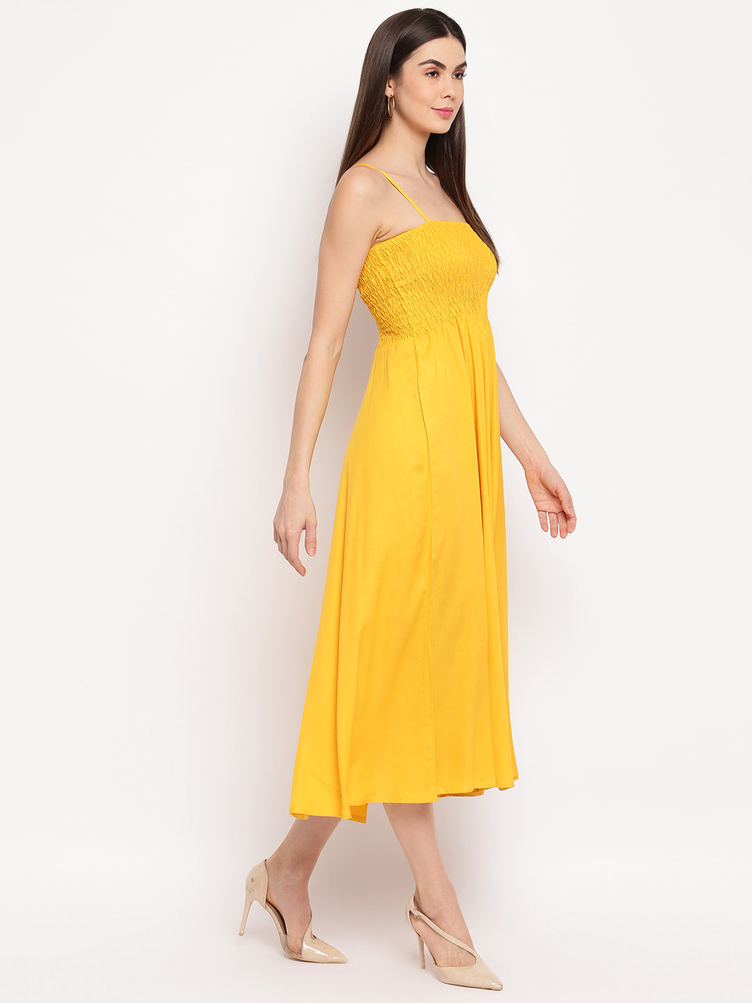 Sunshine Yellow Solid Smocked Rayon Maxi Dress for Women - Western Wear