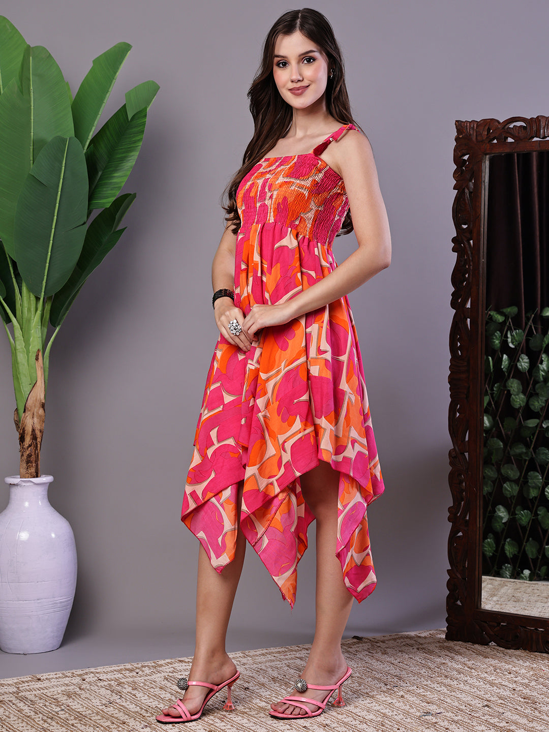 Aawari Orange & Pink Printed Cotton Handkerchief Hem Dress  - Midi Dresses / Western Wear
