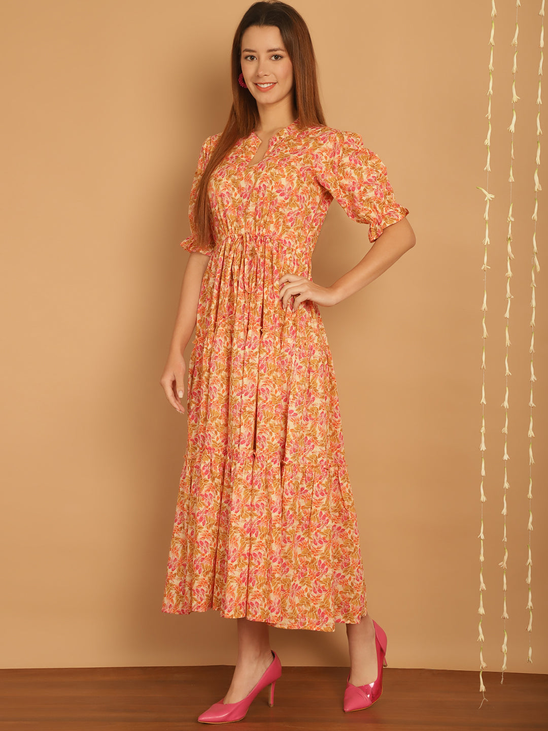 Aawari Floral Print Mandarin Collar Empire A-Line Tiered Midi Dress