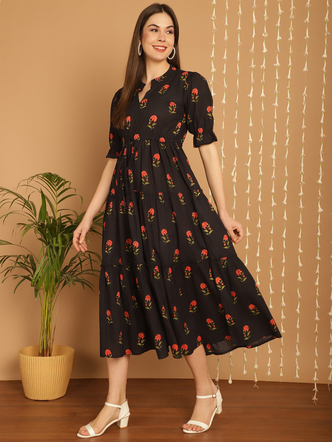 Aawari Floral Print Mandarin Collar Empire A-Line Tiered Midi Dress