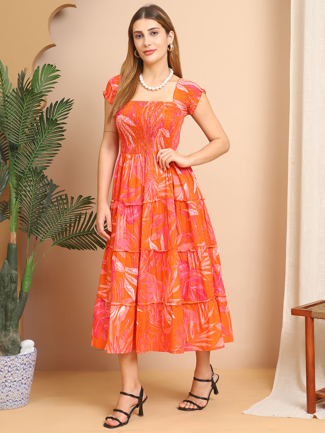 Aawari Cotton Smocked Midi Dresses for women - Tropical Orange Printed Summer Wear
