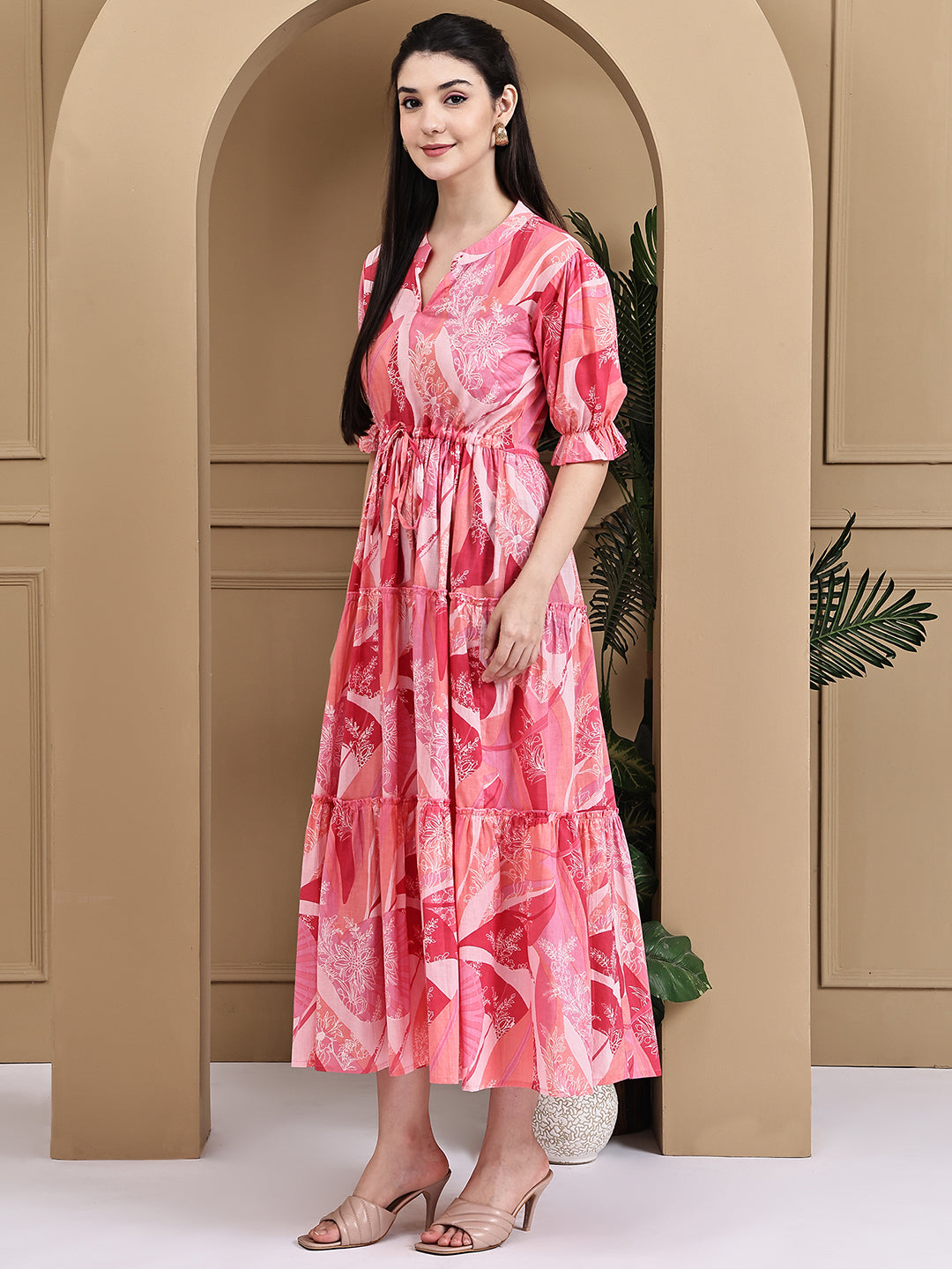 Aawari Cotton Pink Flower Printed Knot Dresses