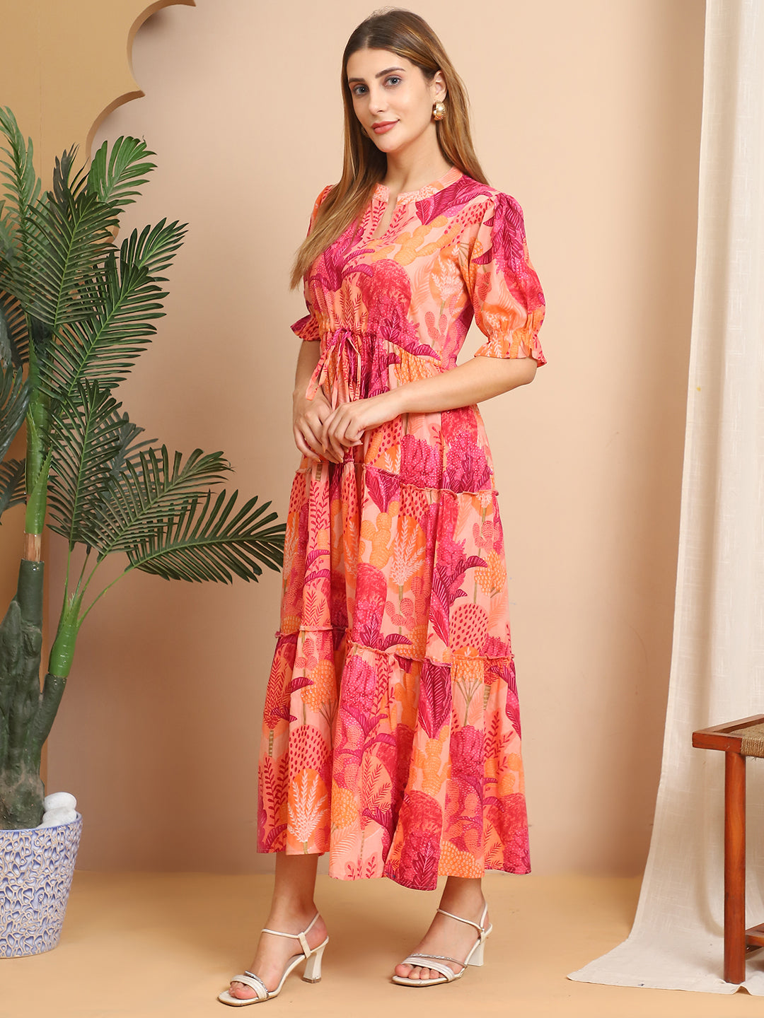Aawari Peach  & Pink Tropical Print Cotton Maxi Dress - Dresses / Western Wear / Maxi Dresses