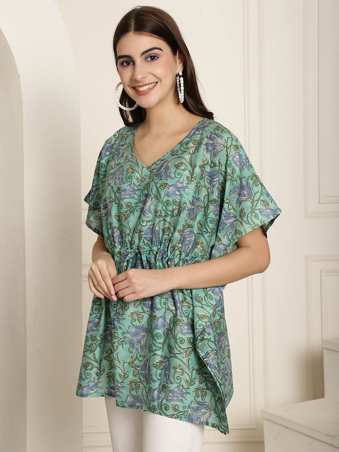 Muslin Green Floral Printed Kaftan Top With Bell Sleeve 