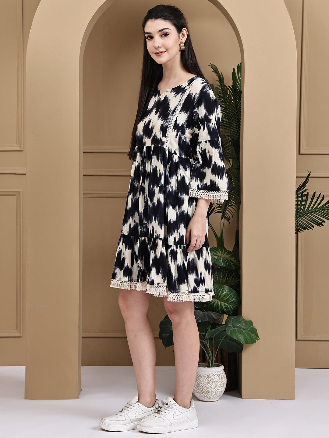 Aawari Cotton Printed  Black & White Short Dress - Midi Dress
