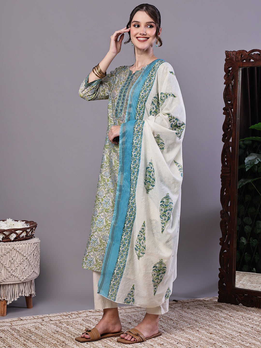 Aawari Green & Blue Floral Chanderi Printed Kurta Set with Dupatta - Suit Sets