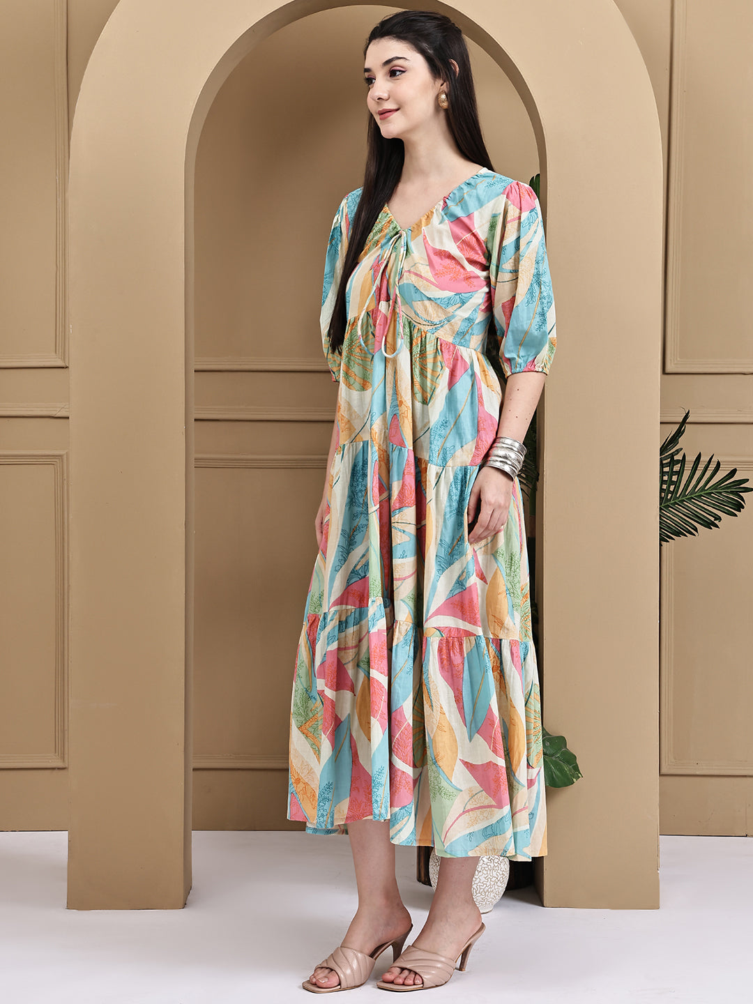 Aawari Multicolor Cotton Printed Knot Dresses With Puff Sleeves