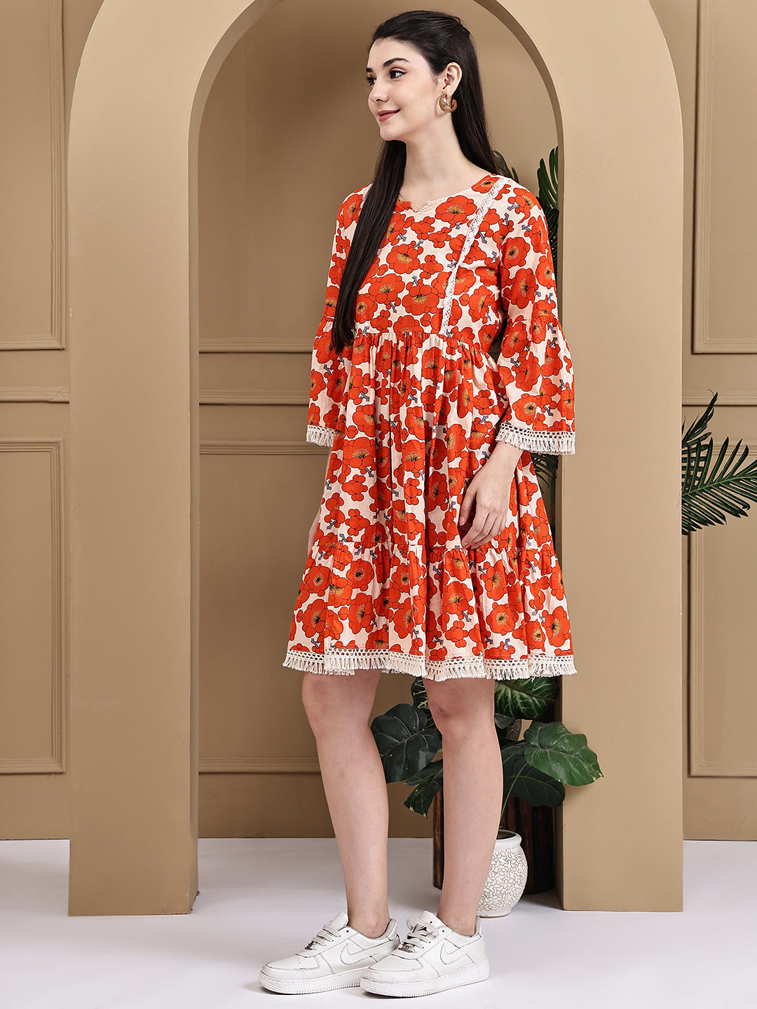 Aawari Orange Flower Cotton Printed Short Dress - Midi Dress