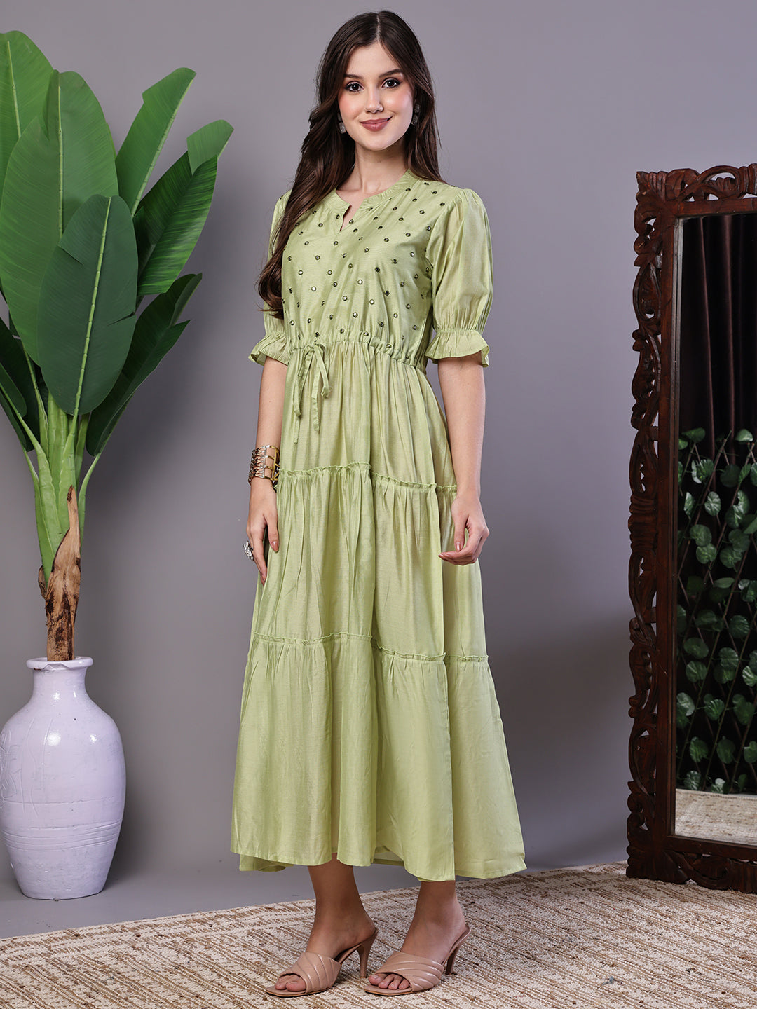 Boho-Chic Forest Green Tiered Maxi Dress with Puff Sleeves - Dresses / Western Wear / Maxi Dresses