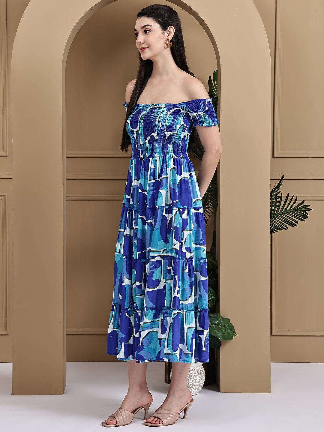 Aawari Rayon Bubbly Blue Printed Off Shoulder Dresses