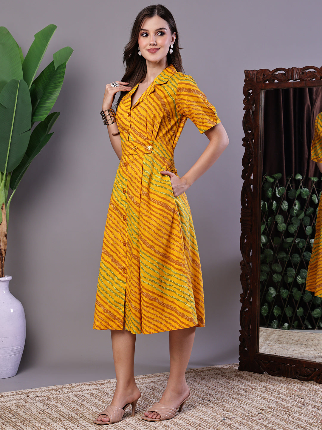 Aawari Yellow Printed Cotton Shirt Dress - Midi Dresses /  Western Wear / Dresses
