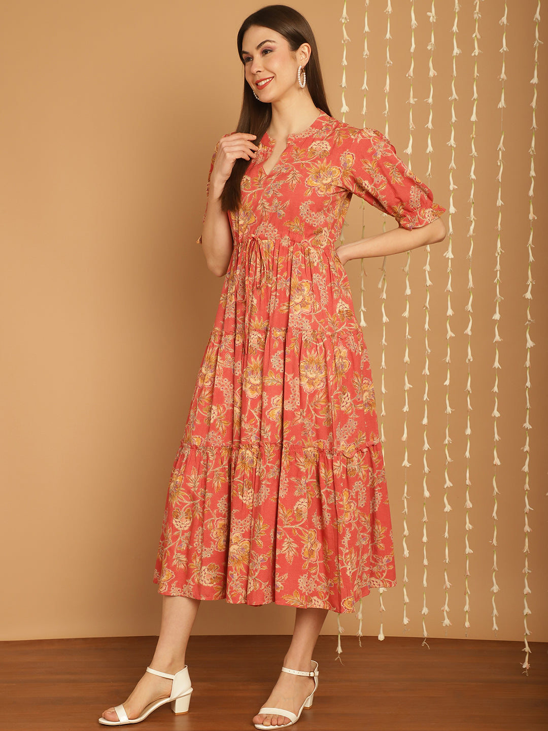 Aawari Floral Print Mandarin Collar Empire A-Line Tiered Midi Dress
