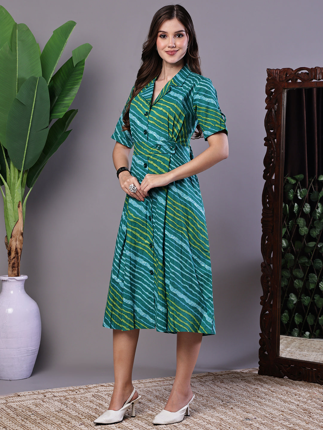 Aawari Teal Green Striped Cotton Midi Shirt Dress - Midi Dresses / Western Wear / Dresses
