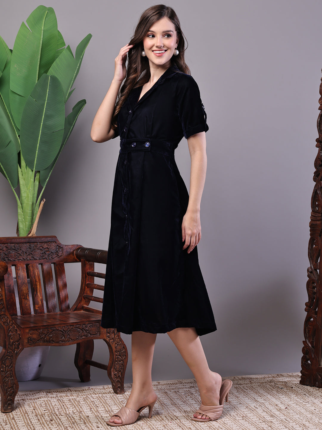 Aawari Black Velvet Button-down Midi Dress for Women - Midi Dresses / Western Wear / Dresses