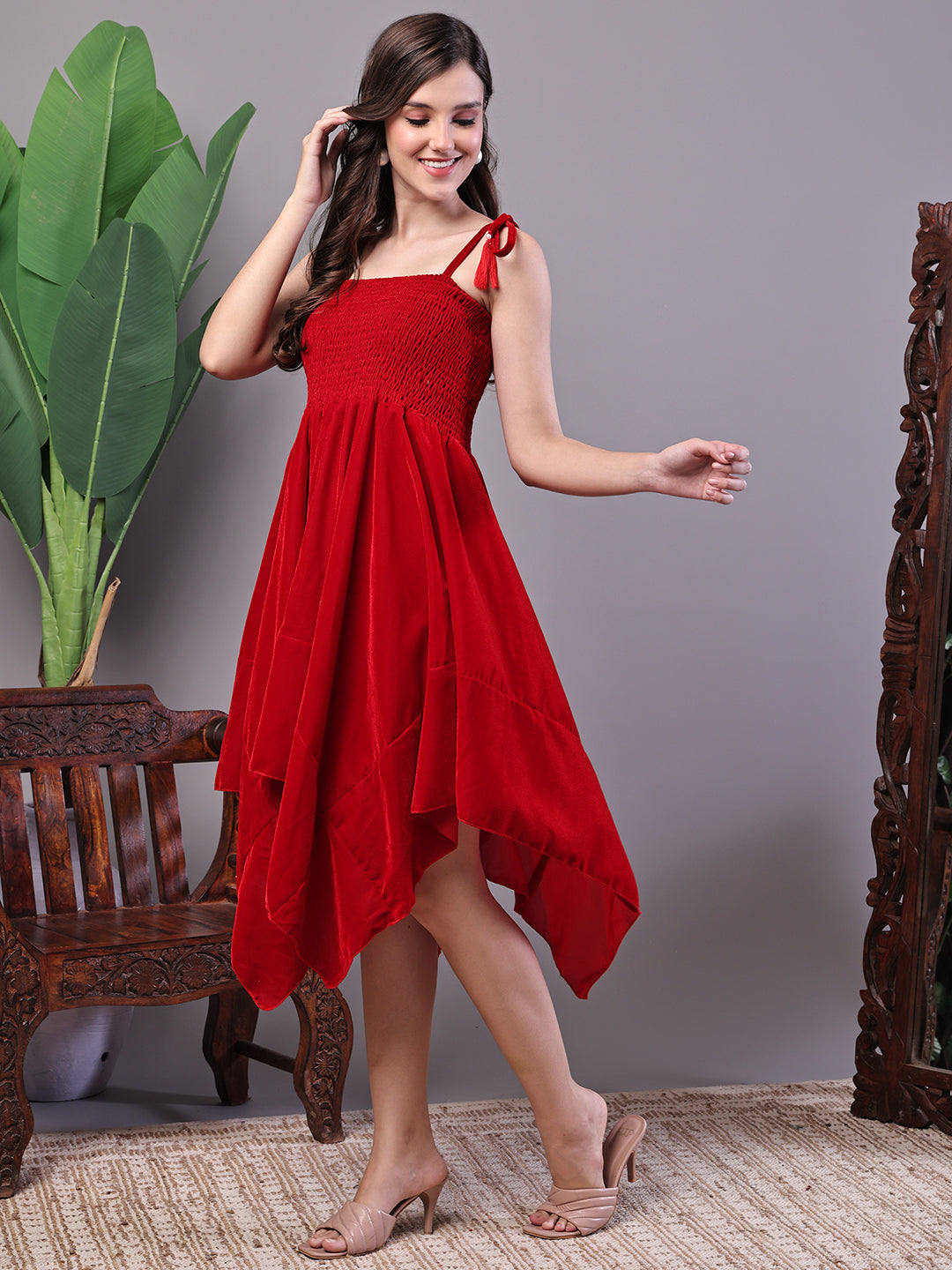 Aawari Red Junglee Pattern Velvet Handkerchief Hem Dress - Midi Dresses / Western Wear