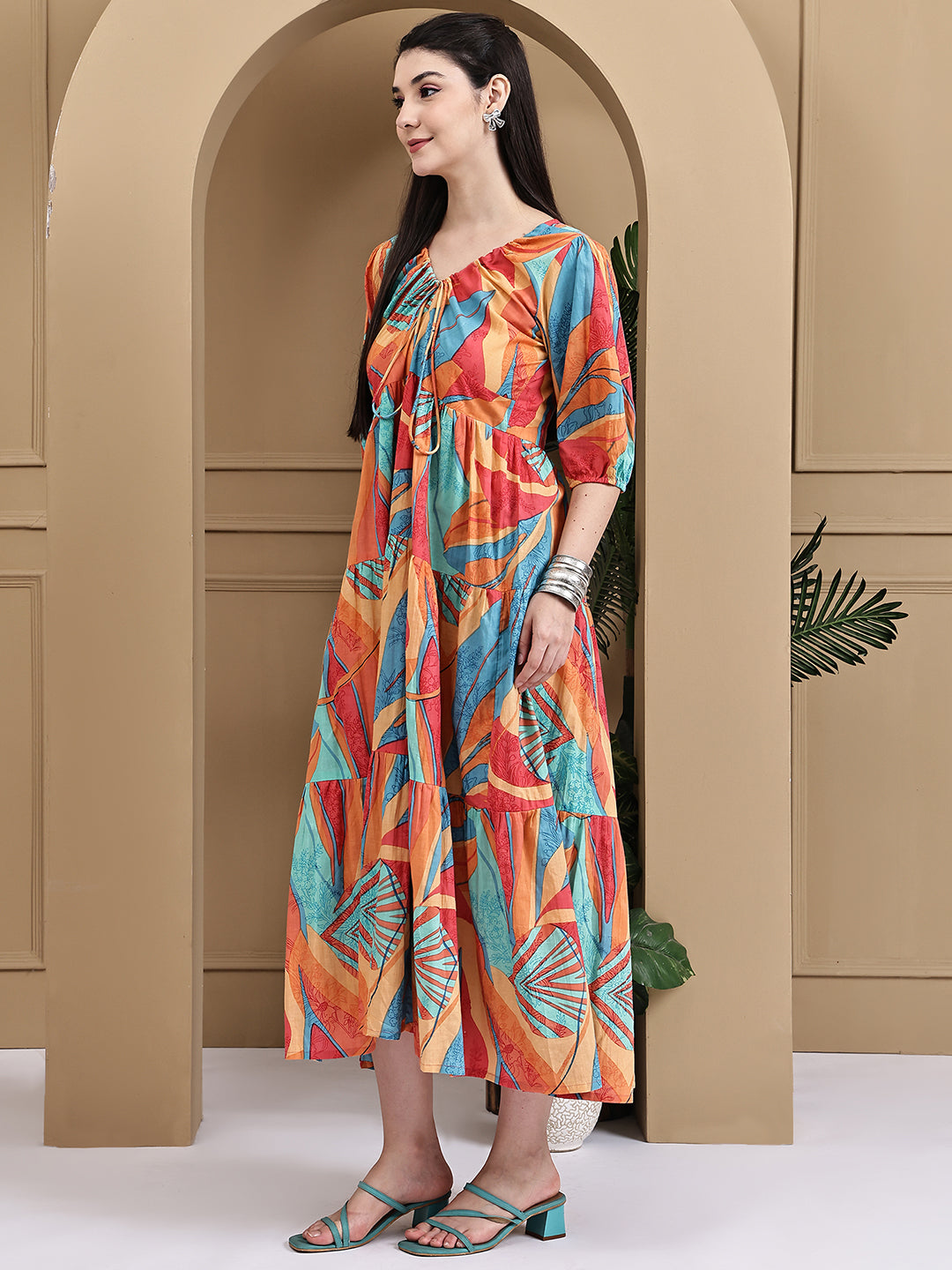 Aawari Women Cotton Printed Knot Dresses With Puff Sleeves