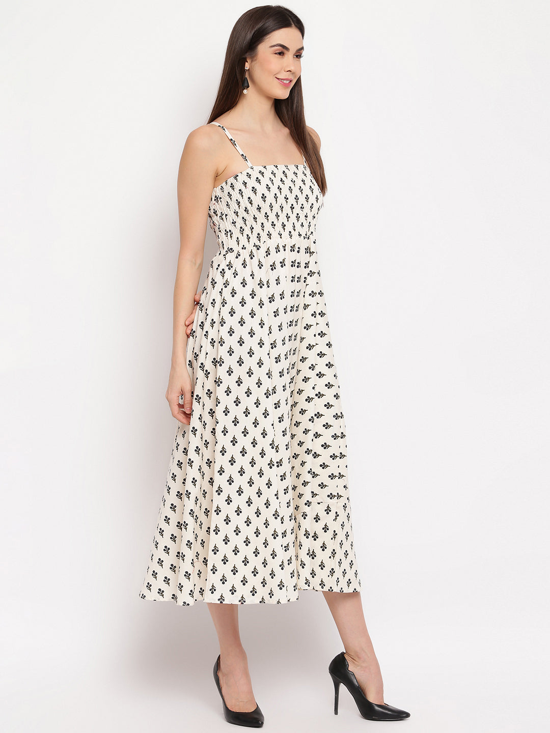 White & Black Printed Rayon Flared Maxi Dress with Spaghetti Straps - Western Wear - Maxi Dresses