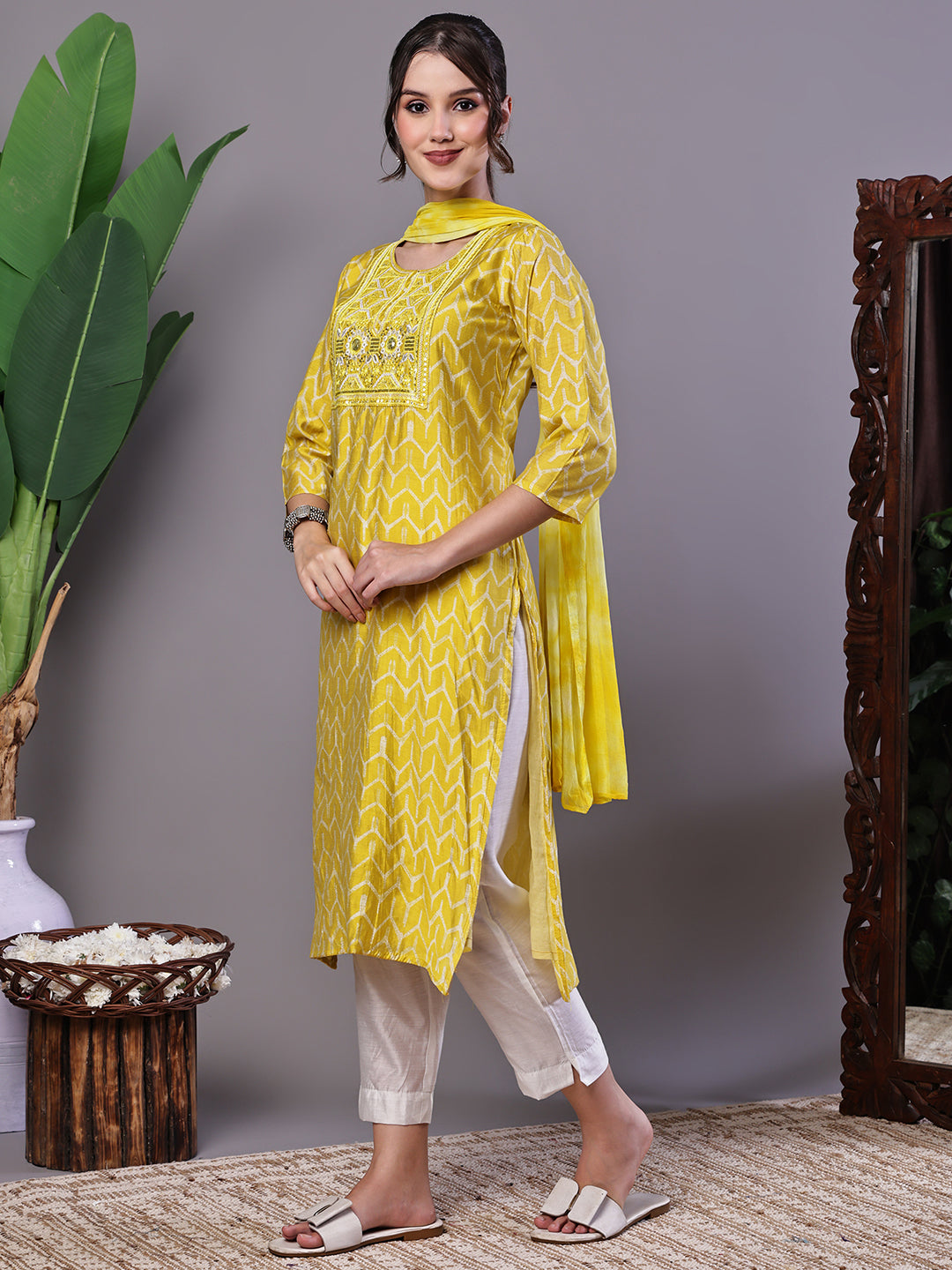 Aawari Mustard Yellow Chevron Print Chanderi Kurta Set with Mirror Work - Suit Sets