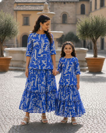 Mom & Daughter Blue Printed Kurta & Tiered Skirt Matching Co-ord Set