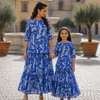 Mom & Daughter Blue Printed Kurta & Tiered Skirt Matching Co-ord Set