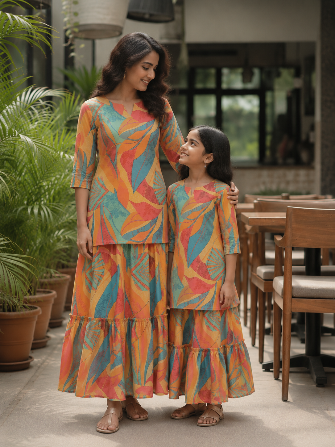 Mom & Daughter Multicolor Printed Kurta & Tiered Skirt Matching Co-ord Set