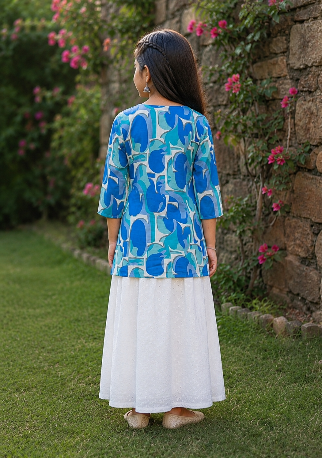 Girl's Blue & Teal Abstract Printed Kurta with White Eyelet Skirt Set