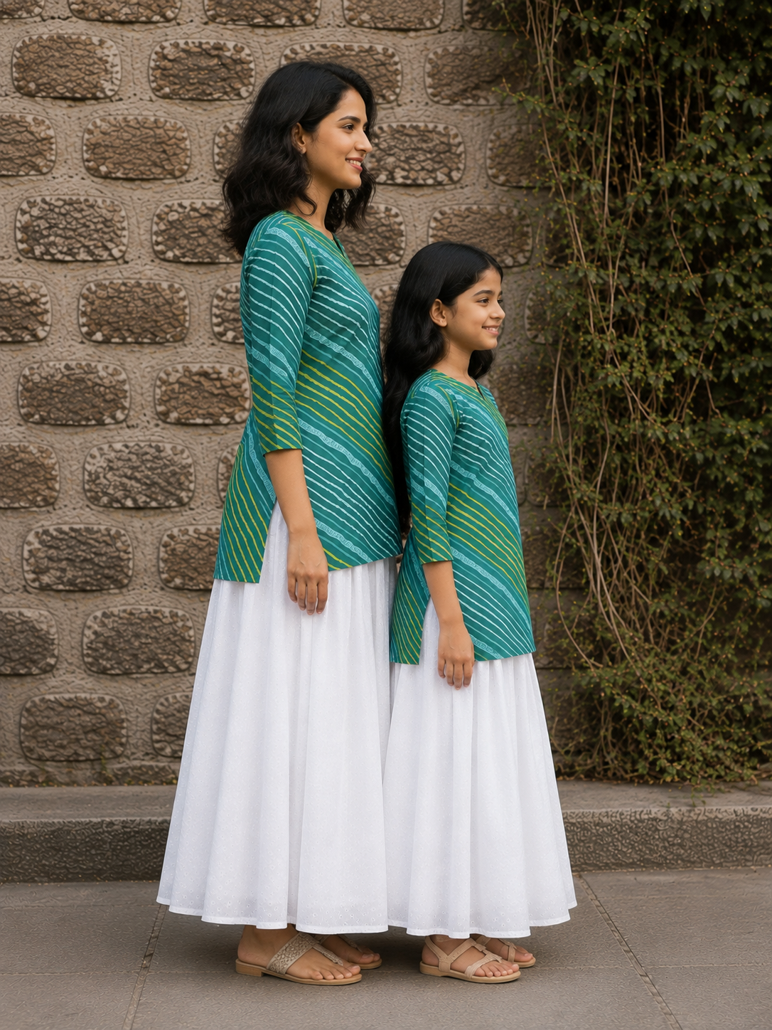 Mom & Daughter Teal Green Printed Kurta with White Flared Skirt Set