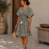 Women’s Green Abstract Printed Smocked Waist Midi Dress